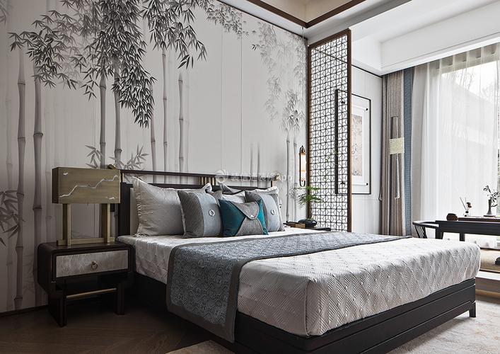 新中式房子卧室床头水墨画装饰图片装信通网效果图
