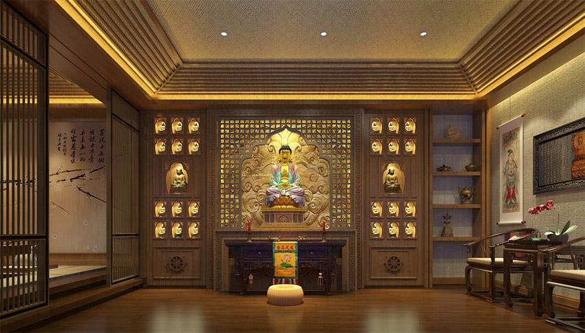 佛堂的设计中抽取佛教的一些禅纹元素以及古建的构造来建构整个室内