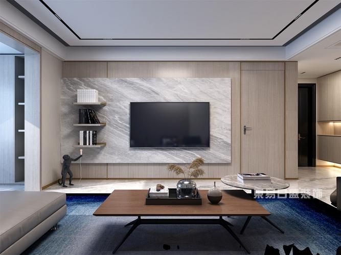 电视墙客厅以简练的白墙与温润的木饰面为底辅以冷灰花色大理石来点缀