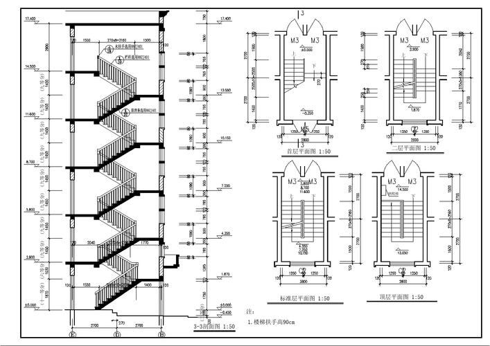 设计图纸全套多层住宅楼楼梯详图精选cad图例