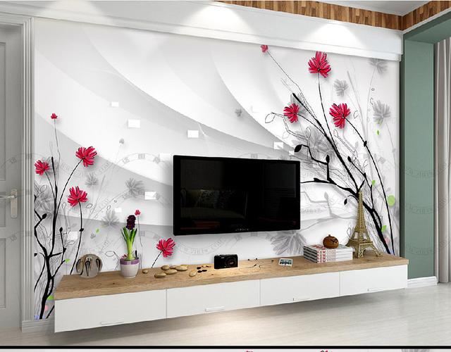 手绘线描花朵现代简约电视背景墙