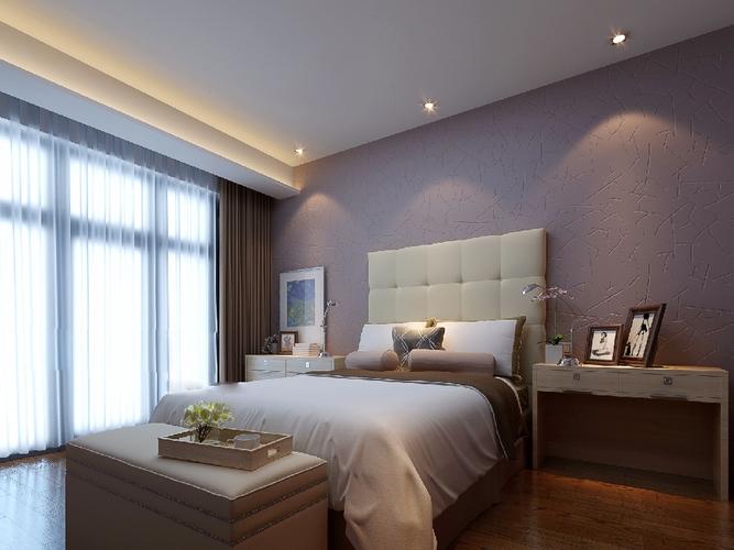 卧室墙面采用硅藻泥简单地直线吊顶营造出宜家的风格
