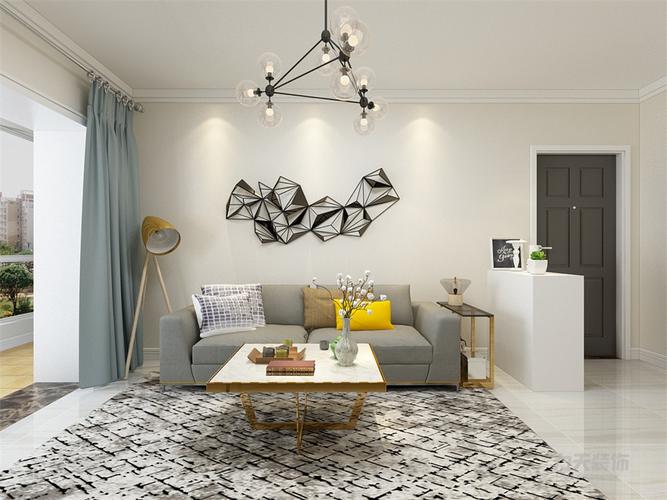 在本案例的客厅的设计中整体采用米色的墙面乳胶漆沙发采用灰色布艺