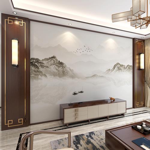 新中式淡雅意境水墨山水墙布电视背景墙壁纸客厅沙发影视墙纸壁画