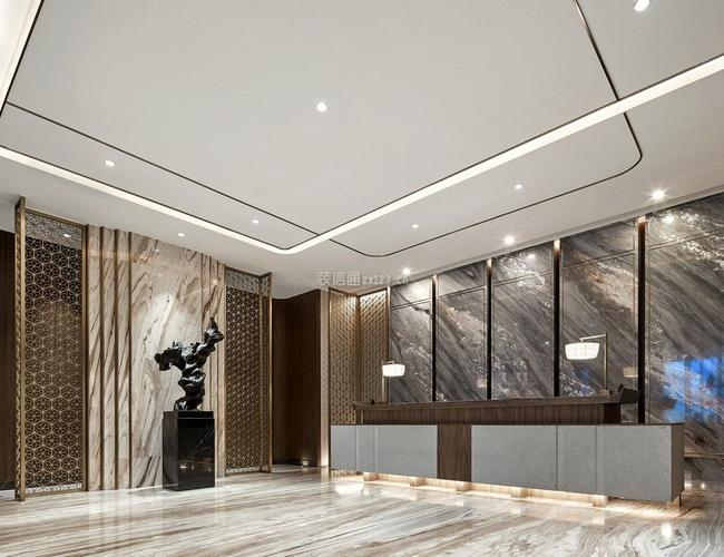 杭州新中式酒店大堂前台装修设计图片2022装信通网效果图