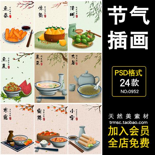 中国传统二十四节气美食搭配养生文化手绘插画海报设计素材