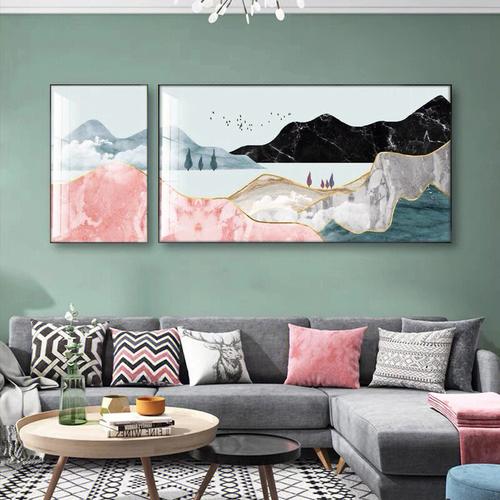 客厅沙发背景墙装饰画现代轻奢风晶瓷二联画
