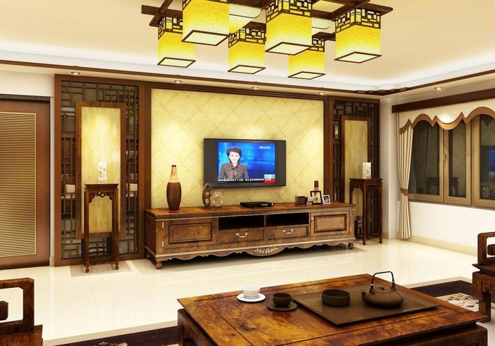 中式别墅客厅电视背景墙装修效果图