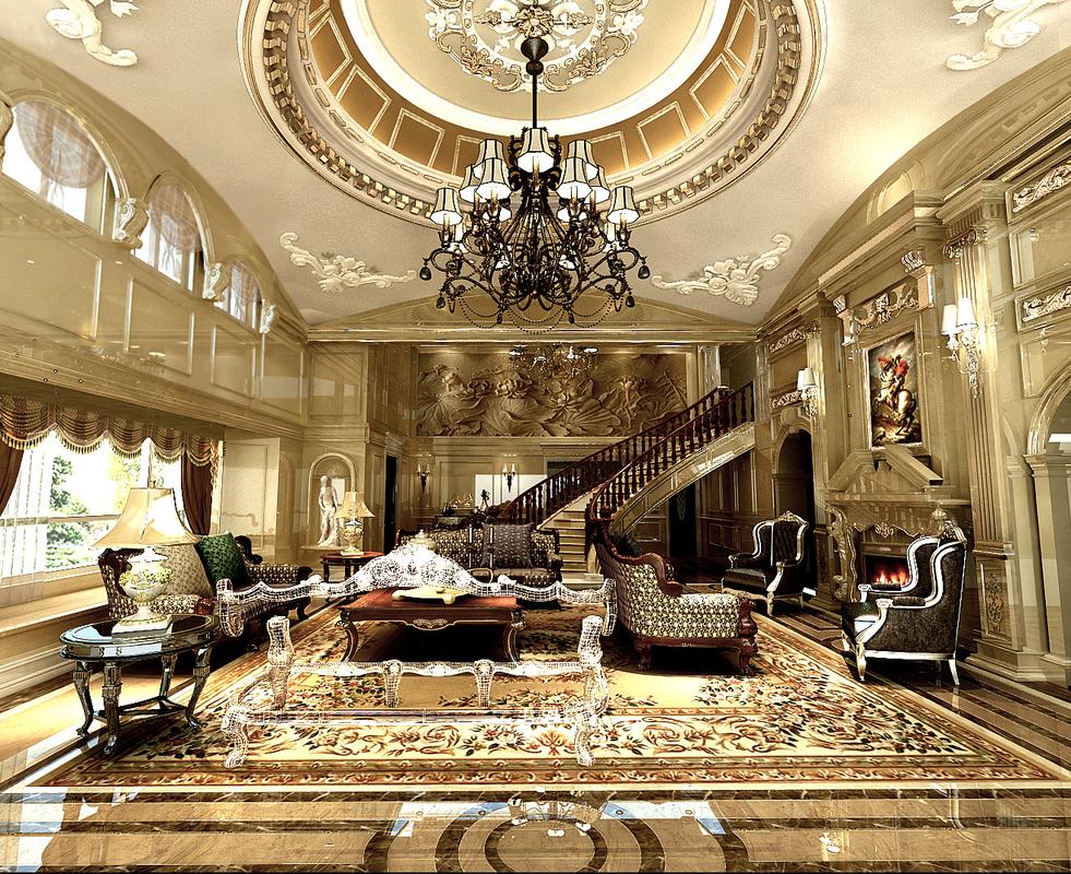 门厅客厅采用大理石装饰线条搭配欧式罗马柱造型来彰显典雅及高贵.