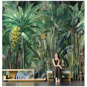 墙纸东南亚风格热带雨林植物壁画客厅沙发背景墙壁纸餐厅酒店墙布