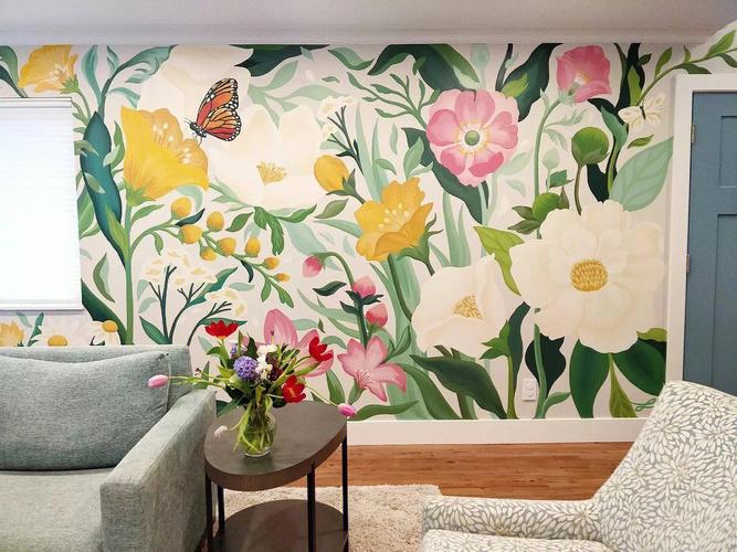手绘客厅背景墙花卉壁画