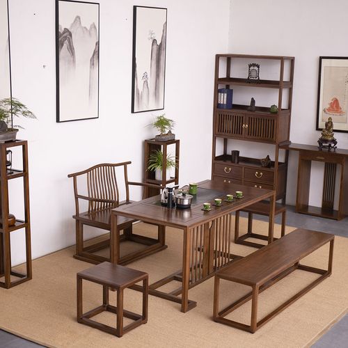 新中式茶桌椅组合老榆木实木茶室家具黑胡桃禅意泡茶喝茶桌茶道桌