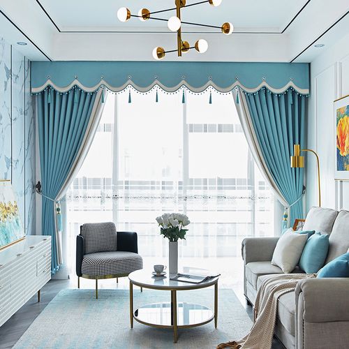 客厅窗帘带窗幔幔头清新简约蓝色现代落地窗飘窗短帘简欧遮光窗帘