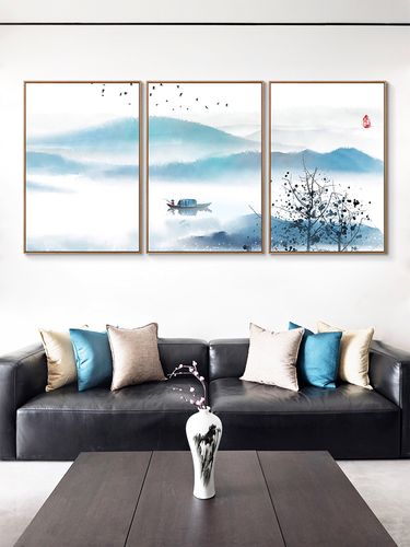 有框挂画装饰画客厅沙发背景墙蓝色山水风景画铭泽轩三联新中式