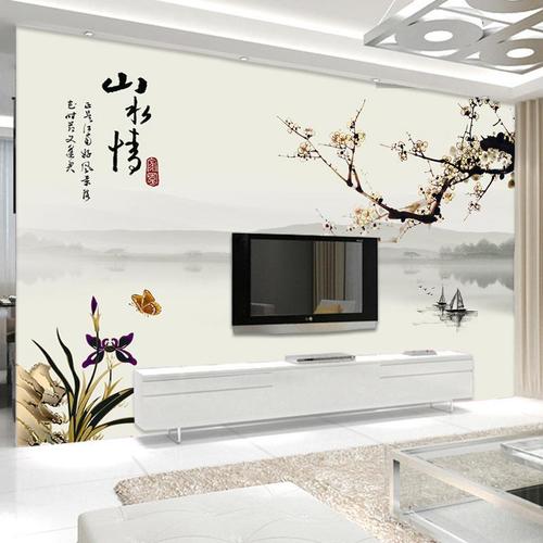 中式5d壁画客厅沙发电视背景墙壁纸水墨山水情梅花墙纸背景图立体