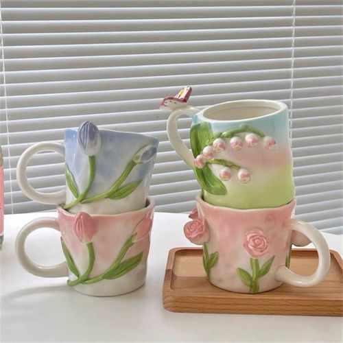 手绘郁金香杯立体浮雕花朵陶瓷杯玫瑰花浮雕咖啡杯杯子ins高颜值