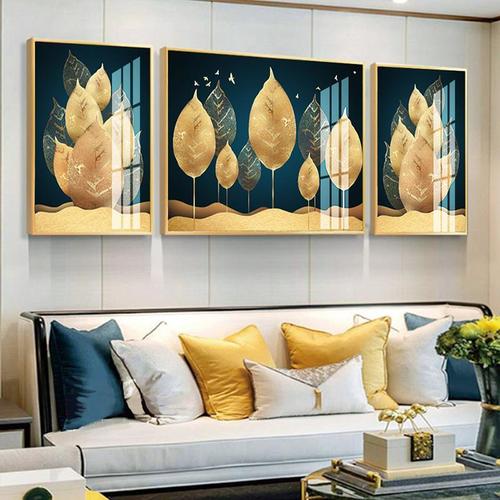 轻奢风客厅装饰画沙发背景墙三联画植物金色叶子简约壁画现代挂画