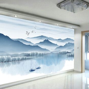 卡美龙电视背景墙壁画新中式意境山水画8d水晶立体壁纸现代客厅装饰
