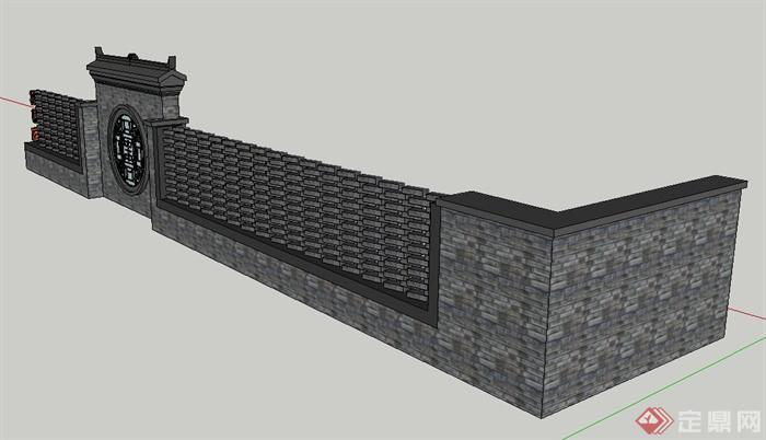 古典中式青砖景墙与围墙设计su模型