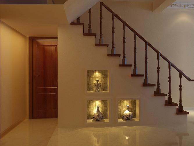 楼道除了古典主义的木质扶手装饰外在楼梯的侧面采用橱窗效果摆放