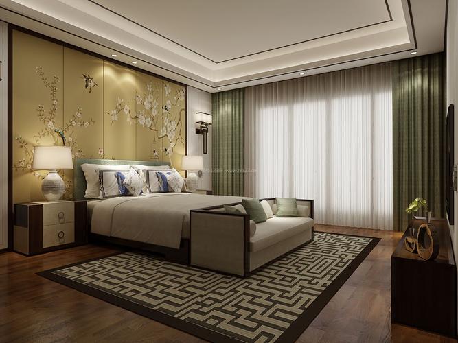 新中式别墅卧室床头壁纸背景墙装修效果图