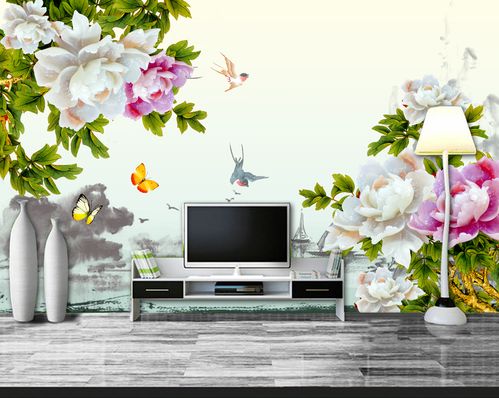 牡丹花玉雕立体时尚中式电视背景墙