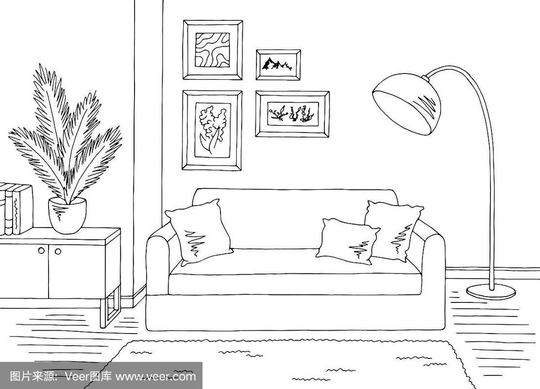 客厅图形黑白家居室内素描插图矢量