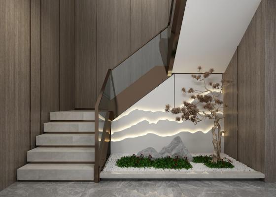 新中式楼梯间园艺景观新中式楼梯间楼梯间设计图新中式实木楼梯景观