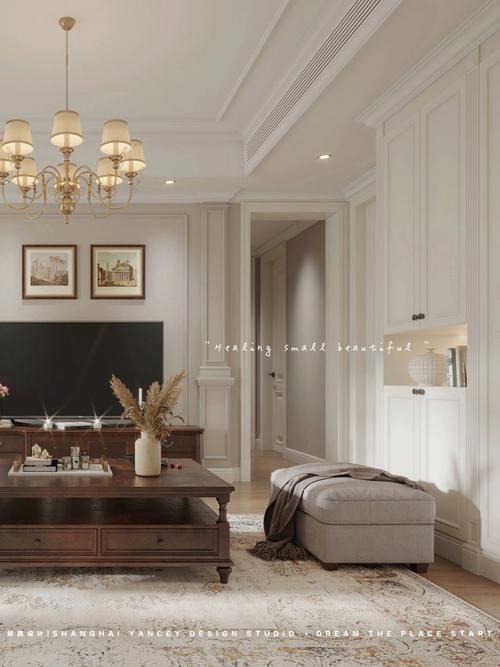 130现代美式家油画般的温柔奶茶色客厅