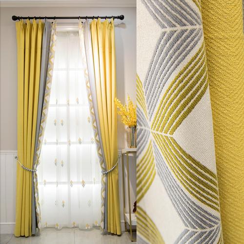 轻奢北欧窗帘成品现代简约加厚遮光新款灰黄拼接客厅卧室飘窗定制