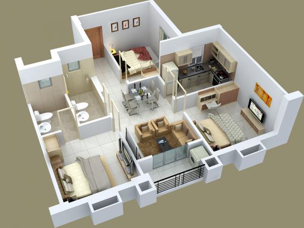 三居室户型装修3d布局效果图