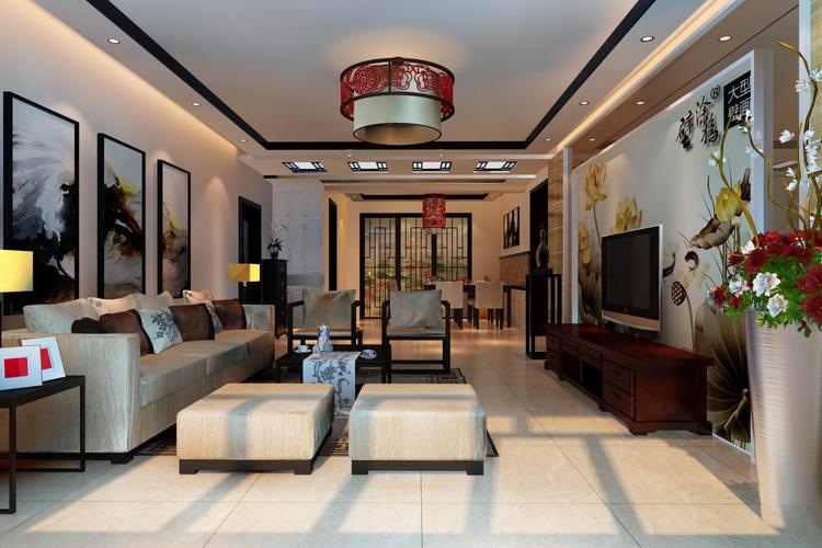 客厅装修效果图本案是典型的新中式风格以中式元素与现代材质的巧妙