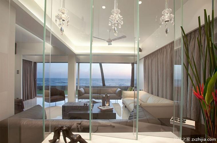 现代风格海滨豪宅客厅玻璃隔断设计