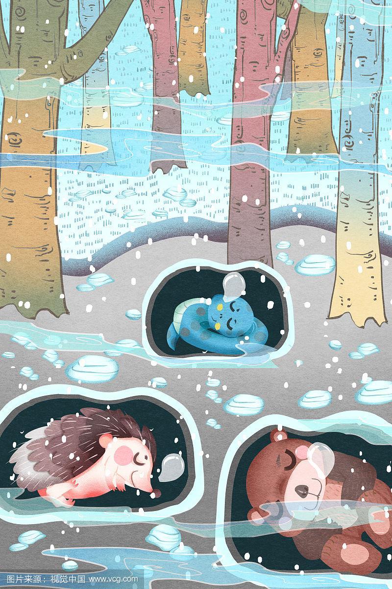 冬天动物们在冬眠插画