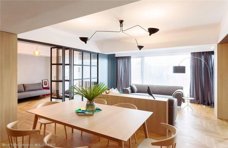 现代简约客厅木材方形餐桌室内装修效果图