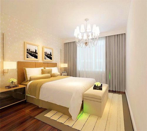卧室采用复合木地板背景墙米色壁纸是空间温馨感更加显著整体空间
