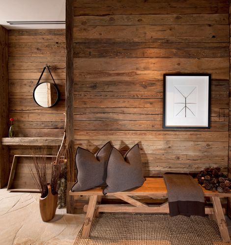 现代别墅复古木质墙壁客厅装修效果图