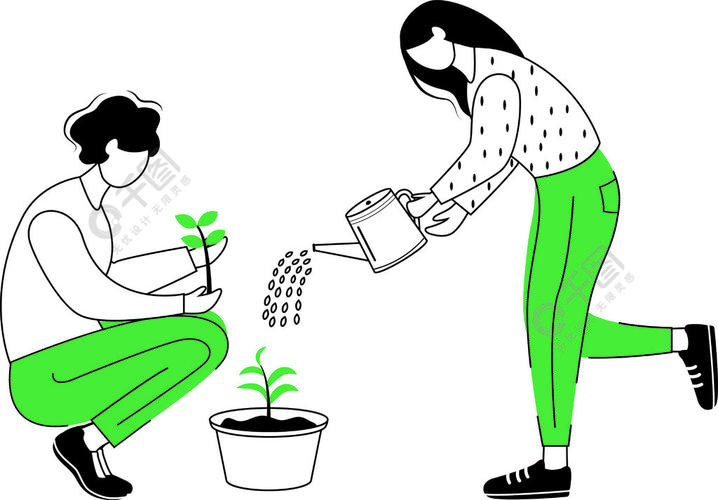 人们种植植物平面轮廓矢量图园丁在白色背景上隔离了卡通轮廓字符夫妇