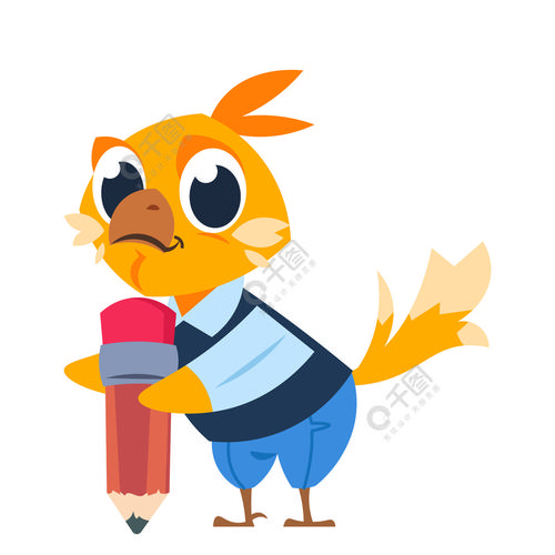 动物在制服与文具矢量童年平面插图学校里的鸡孩子卡通鸟拿着铅笔小鸡