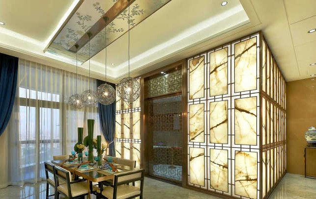 豪华中式风格客厅餐厅吊顶天棚贴花鸟金箔壁纸装修效果图