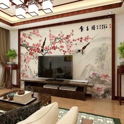 新中式客厅电视背景墙壁纸8d大气梅花山水画影视墙装饰墙纸壁布4d