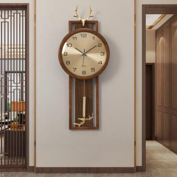 新中式实木挂钟家用客厅金属钟表创意鹿头装饰时钟个性石英钟福鹿实木