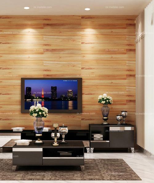 原木色的平面电视背景墙与金属黑电视柜完美结合突显现代生活中的