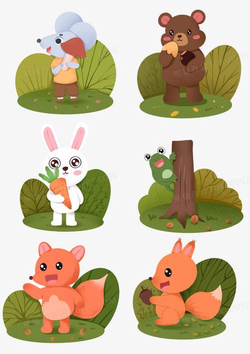 一组卡通树林里的秋季小动物场景素材