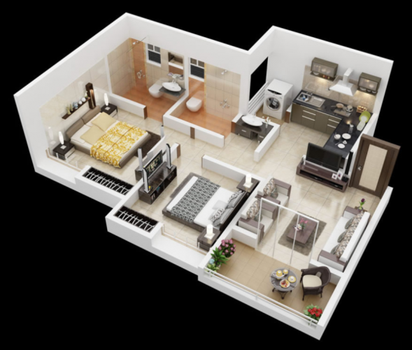 25个二居室户型装修3d布局效果图2