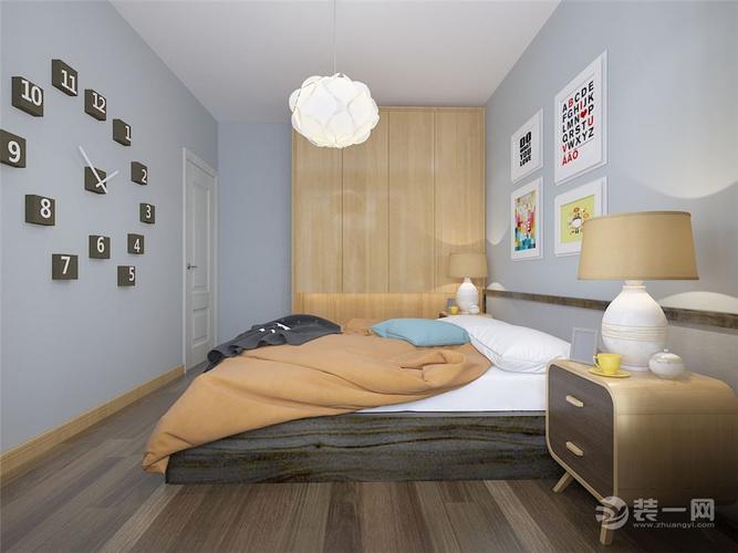 卧室与客厅在墙面上有区分采用蓝灰色乳胶漆地面选择强化复合地板