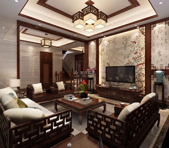 秋长白石自建房340平方米中式风格复式户型客厅装修效果图