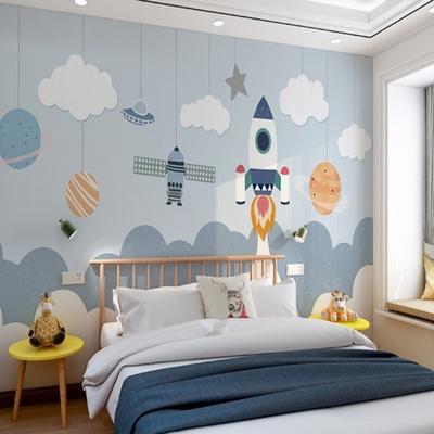 森典新款儿童房墙纸男孩卧室床头环保壁布无纺布定制卡通太空墙.