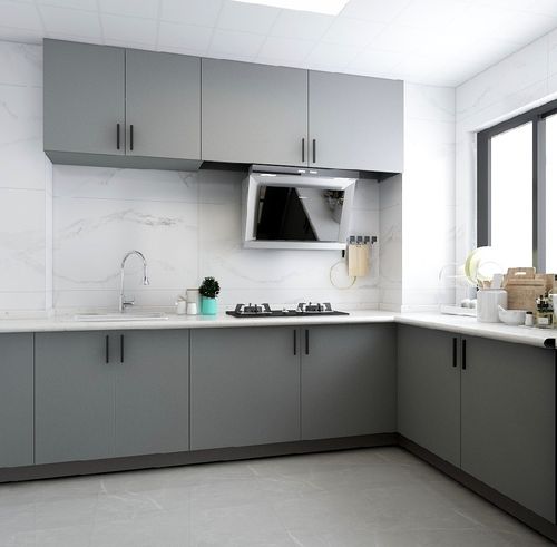 厨房墙面采用白色墙砖橱柜颜色用的区别于台面的和灰色面板