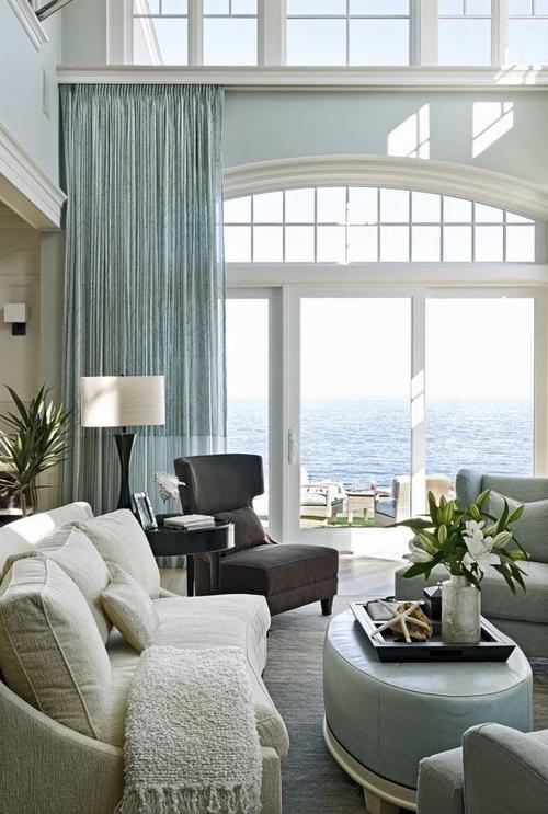 美式地中海风格别墅客厅落地窗窗帘效果图
